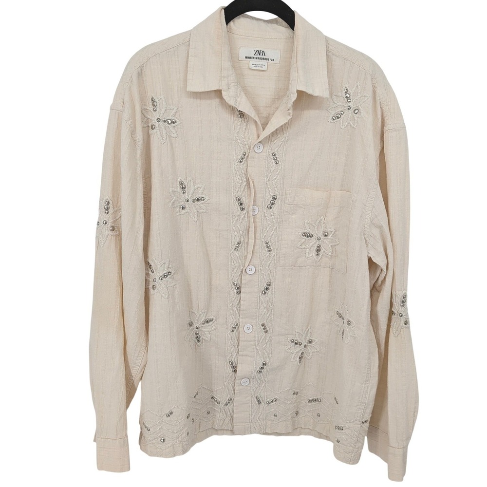 Zara Button Down Shirt Womens Small Cream Embroidered Studded Winter Wardrobe 23